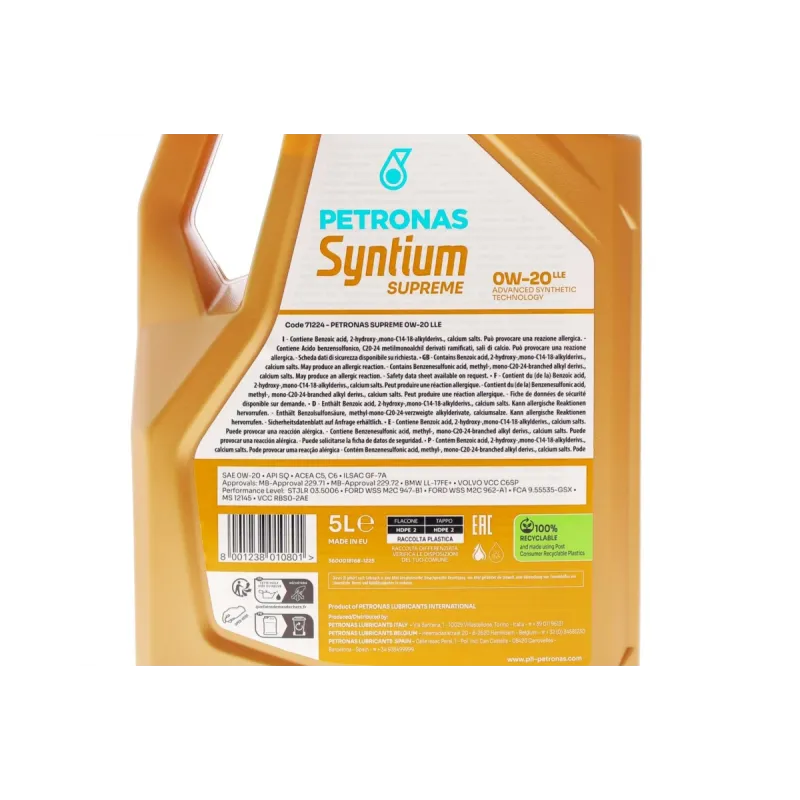 Олива 0W20 SYNTIUM SUPREME LLE (5L) (MB 229.71/MB 229.72) (API SQ (ILSAC GF-7A/ACEA C5/C6) заміна для 70716M12EU