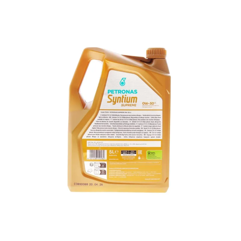 Олива 0W30 SYNTIUM SUPREME LL (5L) (BMW LL-04/LL-19 FE/RN0700/MB 229.51/MB 229.52/VW504.00/507.00) (ACEA C3) з-на для 70662M12EU