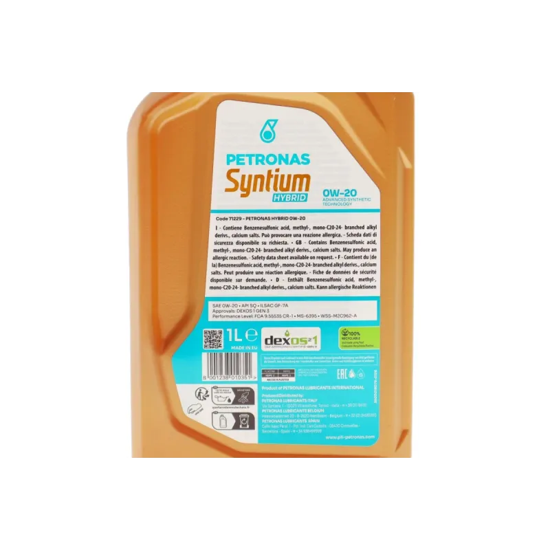 Моторна олива PETRONAS SYNTIUM HYBRID 0W20 1L (API SQ/ILSAC GF-7A) 71229E18EU