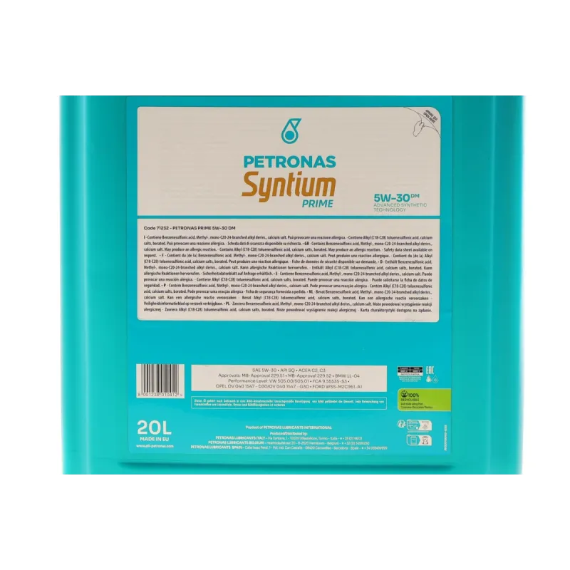 Моторна олива PETRONAS SYNTIUM PRIME DM 5W-30 20л (MB 229.51/229.52, VW 505.00/505.01, BMW LL-04) 71232R41EU