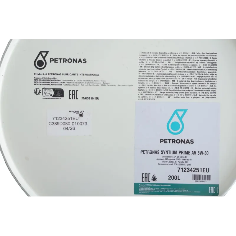 Моторна олива PETRONAS SYNTIUM PRIME AV 5W30 200л (LL-04/VW 504 00/507 00/MB 229.51/Porsche C30) 71234251EU