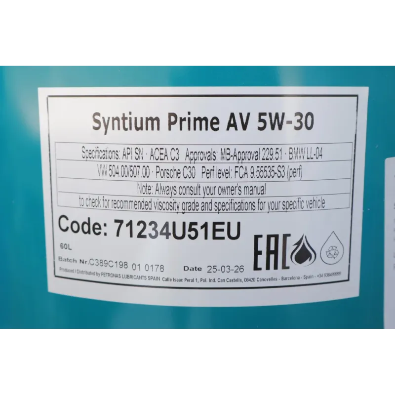 Моторна олива PETRONAS SYNTIUM PRIME AV 5W30 60л LL-04/VW 504/507/MB 229.51/Porsche C30 71234U51EU