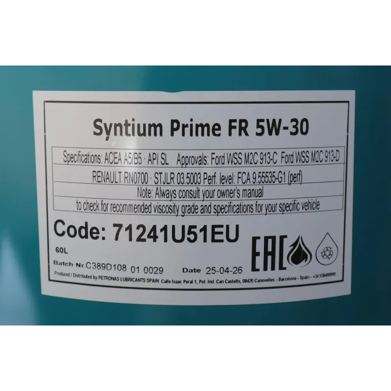 Олива 5W30 SYNTIUM PRIME FR (60L) (WSS-M2C 913-C/913-D/RN0700/STJLR.03.5003) заміна для 70260U51EU