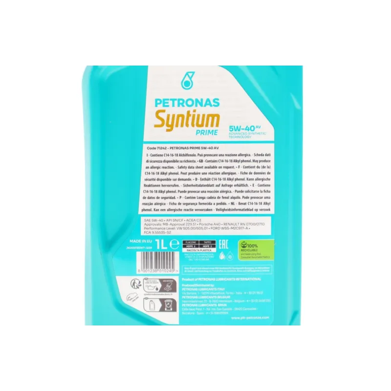 Олива 5W40 SYNTIUM PRIME AV (1L) (VW 505.00/505.01/MB 229.51/RN0700/RN0710)(API SN) (ACEA C3) заміна для 70179E18EU