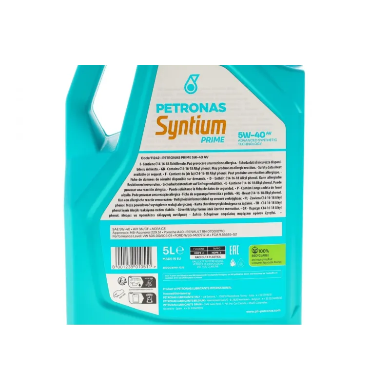 Олива 5W40 SYNTIUM PRIME AV (5L) (VW 505.00/505.01/MB 229.51/RN0700/RN0710) (API SN) (ACEA C3) заміна для 70179M12EU
