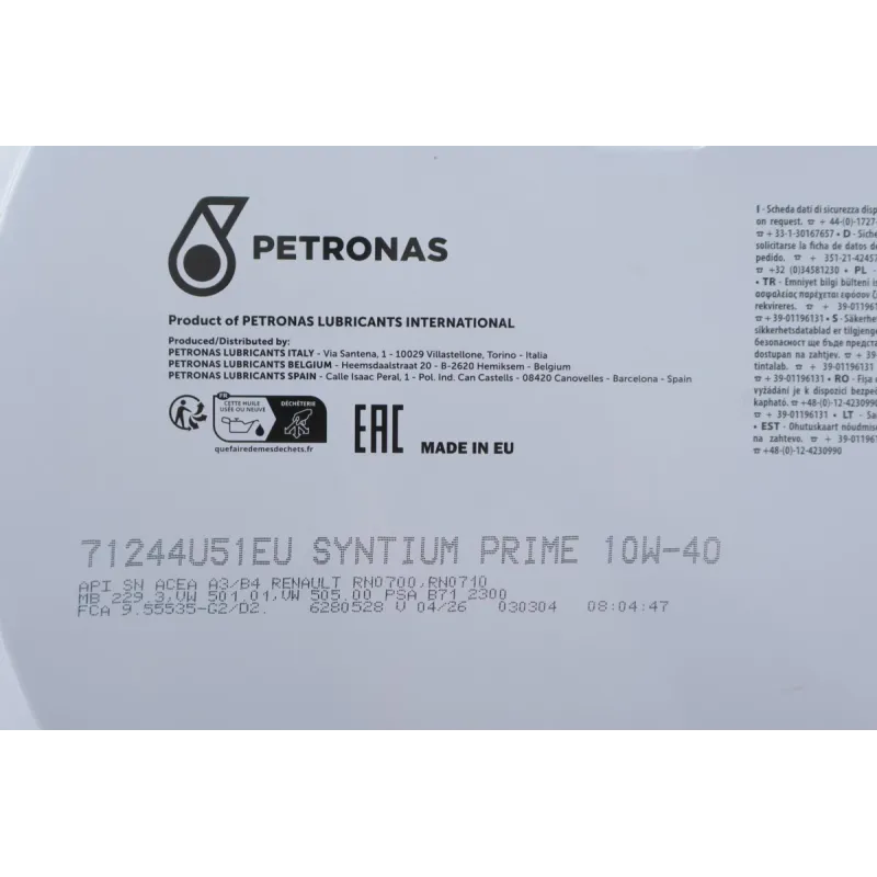 Олива 10W40 SYNTIUM PRIME (60L) (ACEA A3/B4/ API SN/MB 229.3/VW 501.01/505.00/RN0700/RN0710) заміна для 70732U51EU