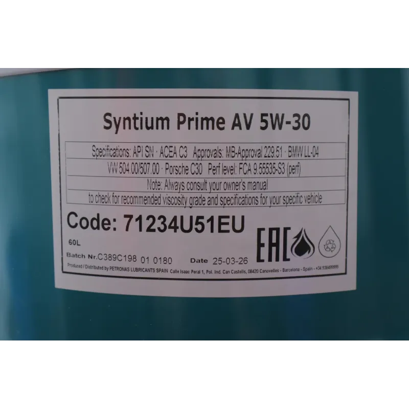 Олива 5W30 SYNTIUM PRIME AV (60L) (LL-04/VW 504 00/507 00/MB 229.51/Porsche C30) (пошкоджена)