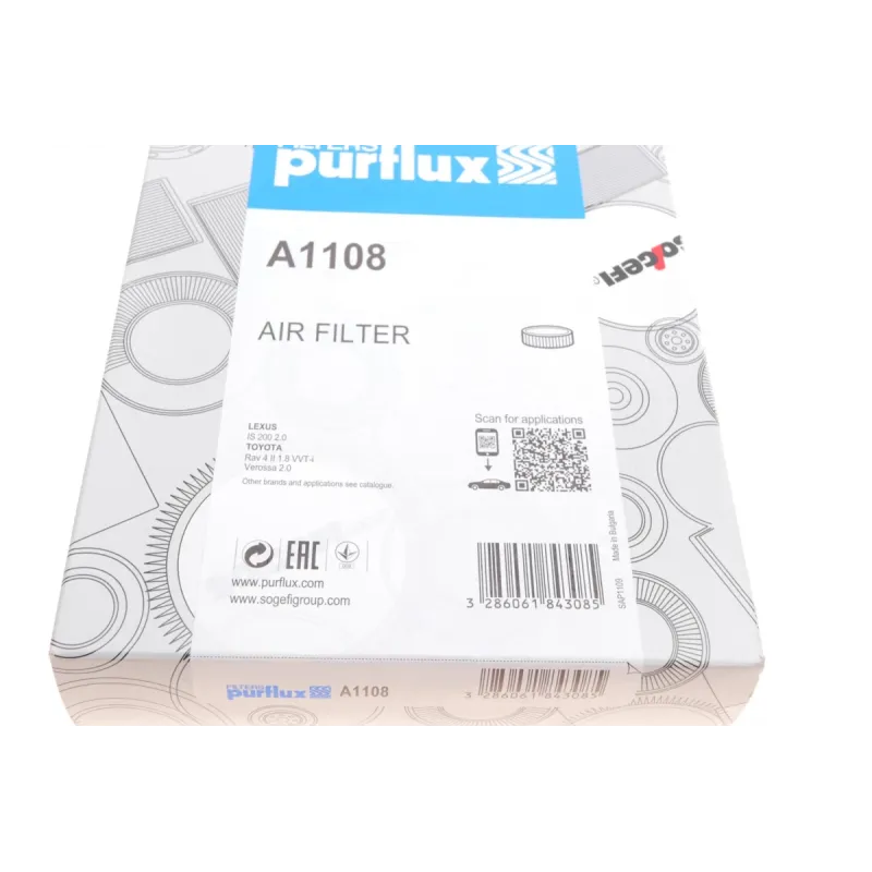Фільтр повітряний PURFLUX A1108 для Lexus IS 1999-2005, Toyota RAV 4 II 2000-2005, 335x123x53 мм