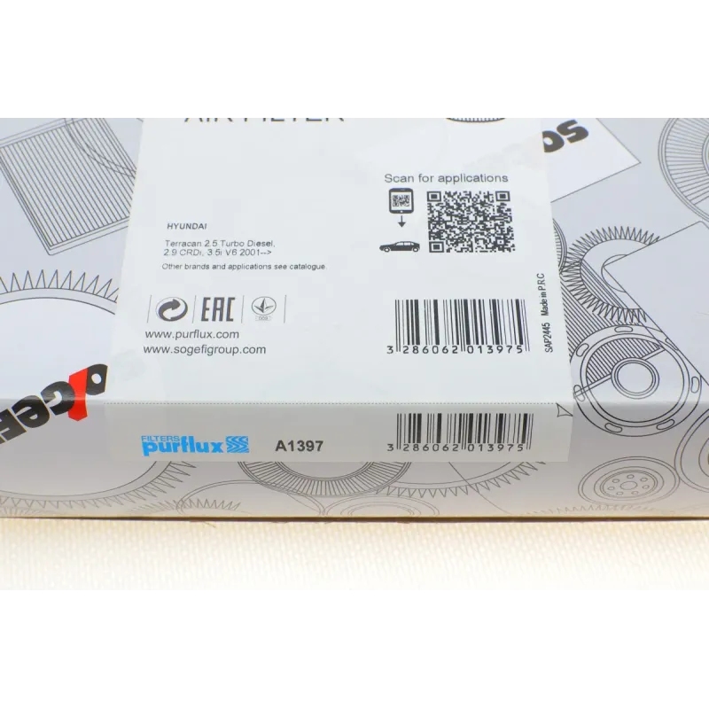 Фільтр повітряний PURFLUX A1397 для Hyundai Terracan 2.5TD/2.9CRDI/3.5 V6 2001-2007, 243x208x43 мм