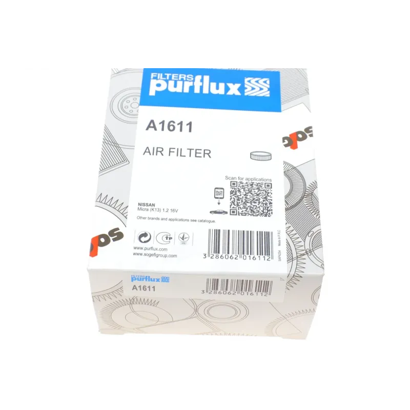 Фільтр повітряний PURFLUX A1611 для Nissan Micra K13, Note E12 1.2 DIG 2011-, 260x95x43 мм