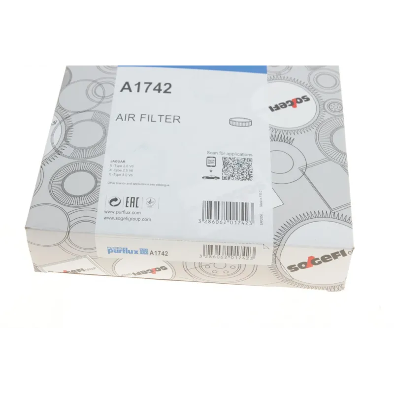 Фільтр повітряний PURFLUX A1742 для Jaguar X-Type 2.0 V6/2.5 V6/3.0 V6 2001-2009, 380x156x42 мм