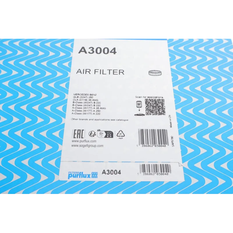 Фільтр повітряний PURFLUX A3004 для Mercedes-Benz A-Class (W177) 2018-, B-Class (W247) 2019-, CLA (C118) 2019-, GLB (X247) 2019- 274x188x46 мм