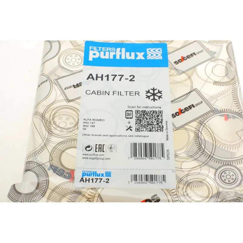 Фільтр салону PURFLUX AH177-2 з активованим вугіллям для Alfa Romeo 147/156/GT 2001-2010, 175x148x30 мм