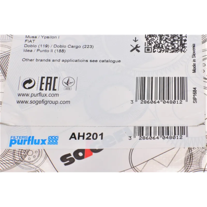 Фільтр салону PURFLUX AH201 для Fiat Doblo, Idea, Punto, 215x164x25 мм