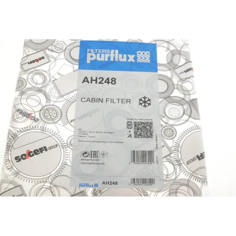 Фільтр салону PURFLUX AH248 з активованим вугіллям для Hyundai Tucson JM 2004-2010, i40 VF 2012-, ix35 LM 2010-, KIA Sportage JE 2004-2010