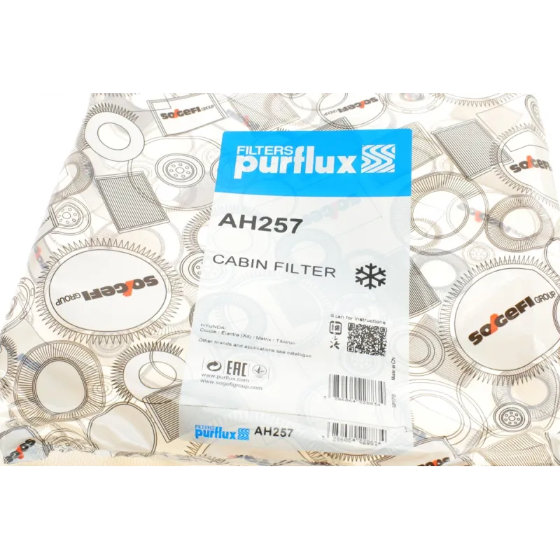Фільтр салону PURFLUX AH257 для Hyundai Elantra, Matrix, Coupe 2000-2010, 268x234x30 мм