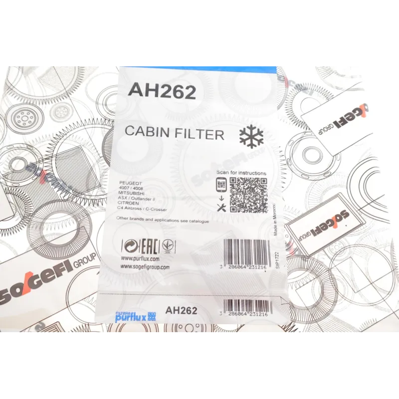 Фільтр салону PURFLUX AH262 з активованим вугіллям для Mitsubishi Outlander, ASX, Citroen C-Crosser, 216x200x30 мм