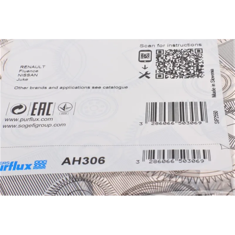 Фільтр салону PURFLUX AH306 для Nissan Juke, Renault Fluence, 238x153x32 мм