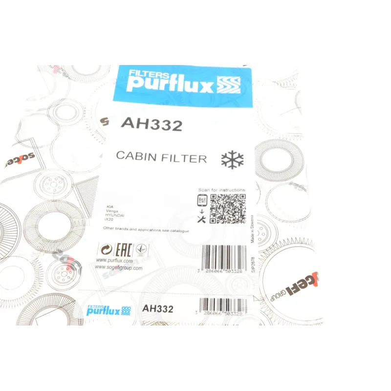 Фільтр салону PURFLUX AH332 для Fiat Bravo, Hyundai i20, KIA Venga, 230x180x20 мм