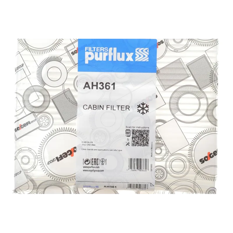 Фільтр салону PURFLUX AH361 для Jeep Grand Cherokee WK2 2011-2023, пилок 264x241x29 мм