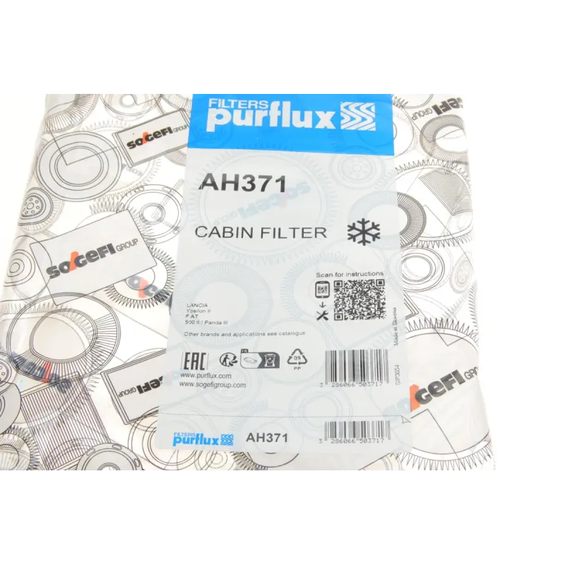 Фільтр салону PURFLUX AH371 для Fiat Panda/500, 195x188x30 мм