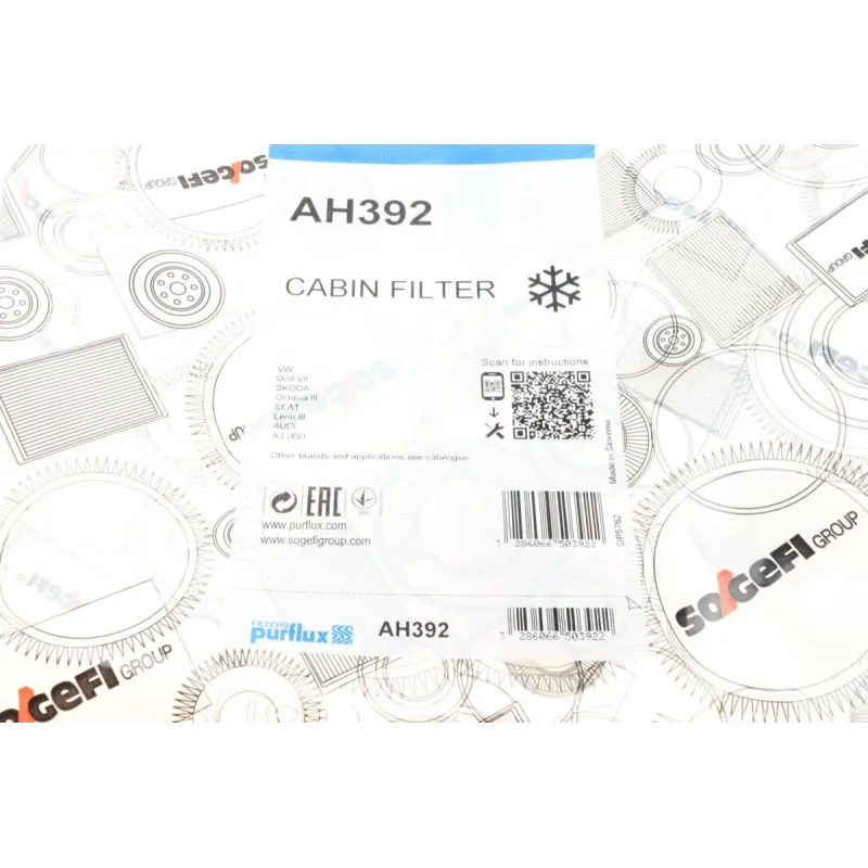 Фільтр салону PURFLUX AH392 з активованим вугіллям для Volkswagen Golf 1.2-1.4 TSI / 1.6-2.0 TDI 2012-, 254x235x32 мм