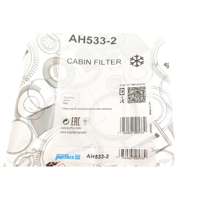 Фільтр салону PURFLUX AH533-2 для Toyota Camry 2.2/3.0 1996-2001 (242x135x19 мм)