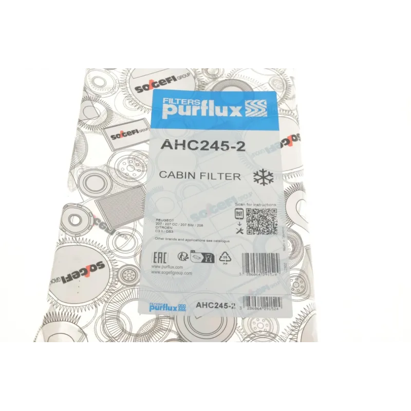 Фільтр салону вугільний PURFLUX AHC245-2 для Citroen C3/Peugeot 207/208 2009-, 155x158x32 мм