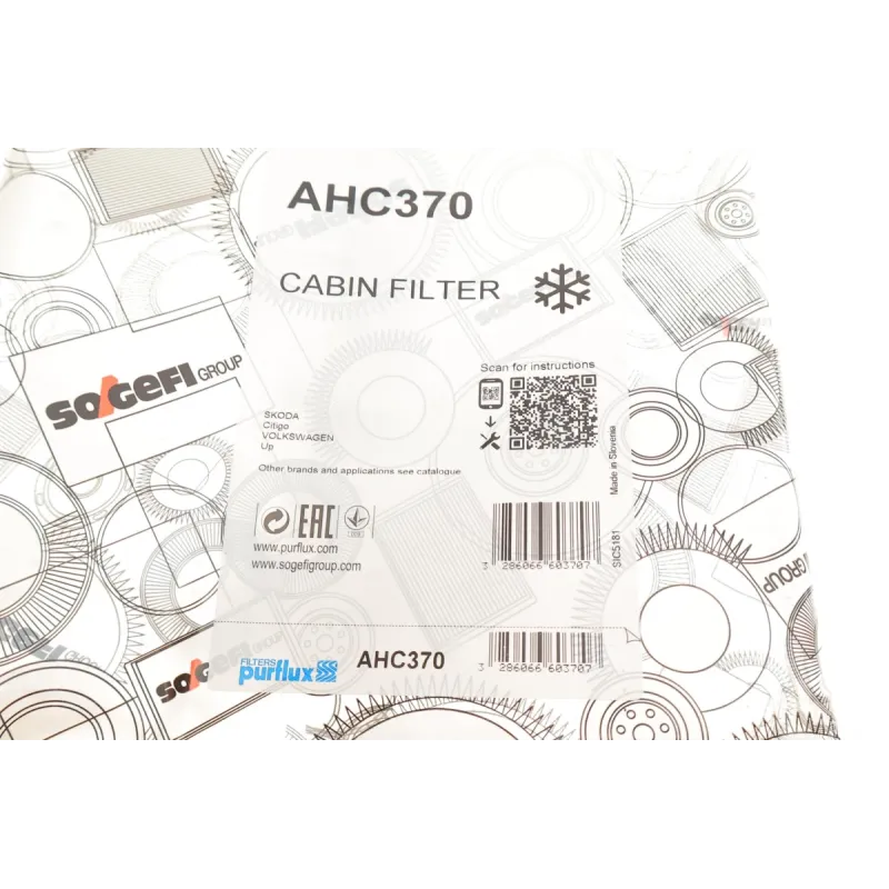 Фільтр салону вугільний PURFLUX AHC370 для VW Up, SEAT Mii, SKODA Citigo 257x180x35 мм