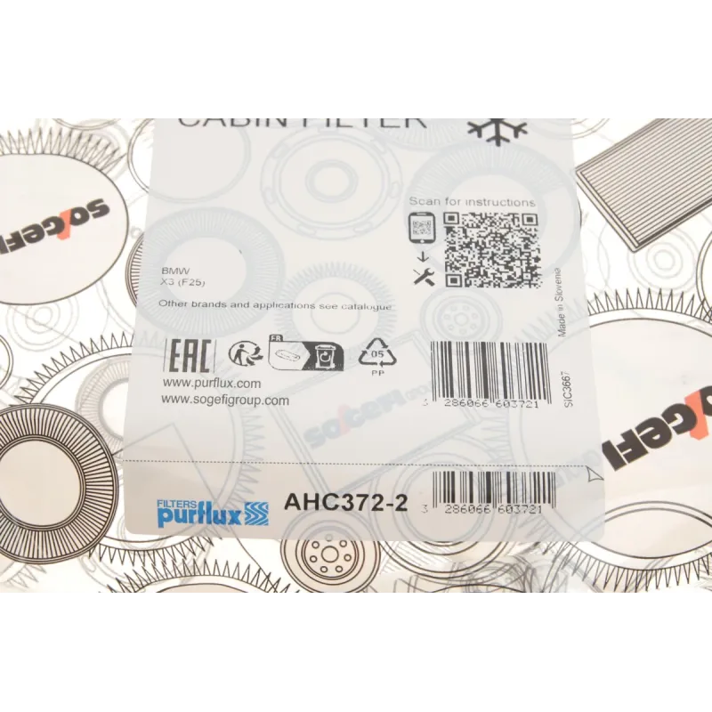 Фільтр салону вугільний PURFLUX AHC372-2 для BMW X3 (F25) X4 (F26) 2010-2018