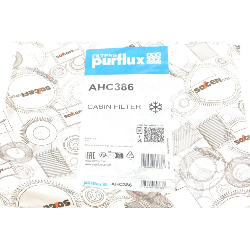 Фільтр салону вугільний PURFLUX AHC386 для Dacia Dokker, Renault Zoe, Nissan Qashqai II
