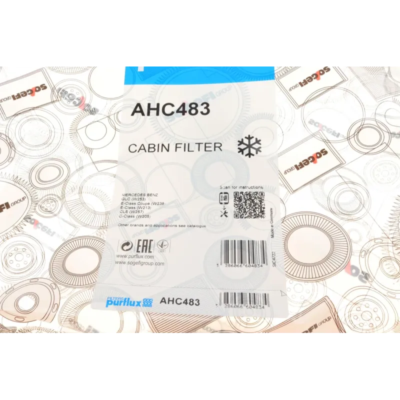 Фільтр салону вугільний PURFLUX AHC483 для Mercedes-Benz C-Class W205, E-Class W213