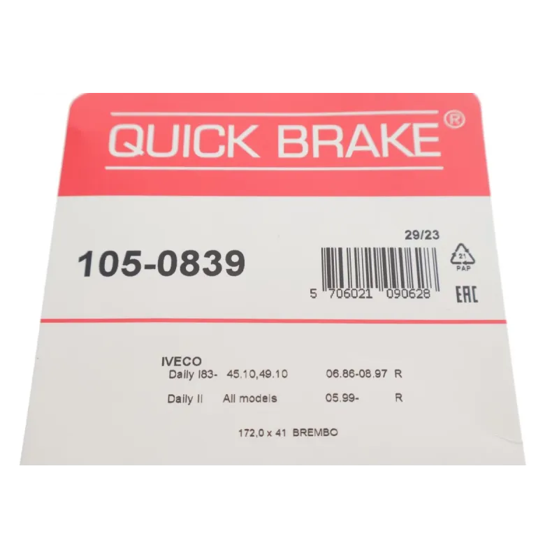 Комплект пружинок колодок ручника QUICK BRAKE 105-0839 для Iveco Daily II, Ford Transit, 172x41 мм