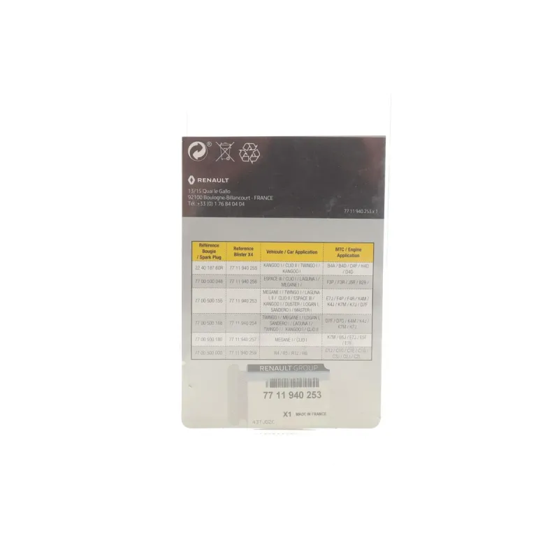 Свічка запалювання RENAULT 7711940253 (комплект 4 шт.)