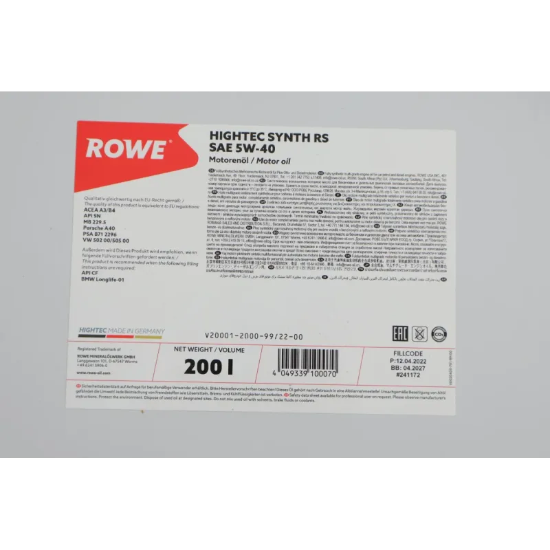 Моторна олива ROWE HIGHTEC SYNTH RS 5W40 200л (20001-2000-99) для BMW LL-01/MB 229.5/Porsche A40/VW 502 00/505 00/PSA B71 2296