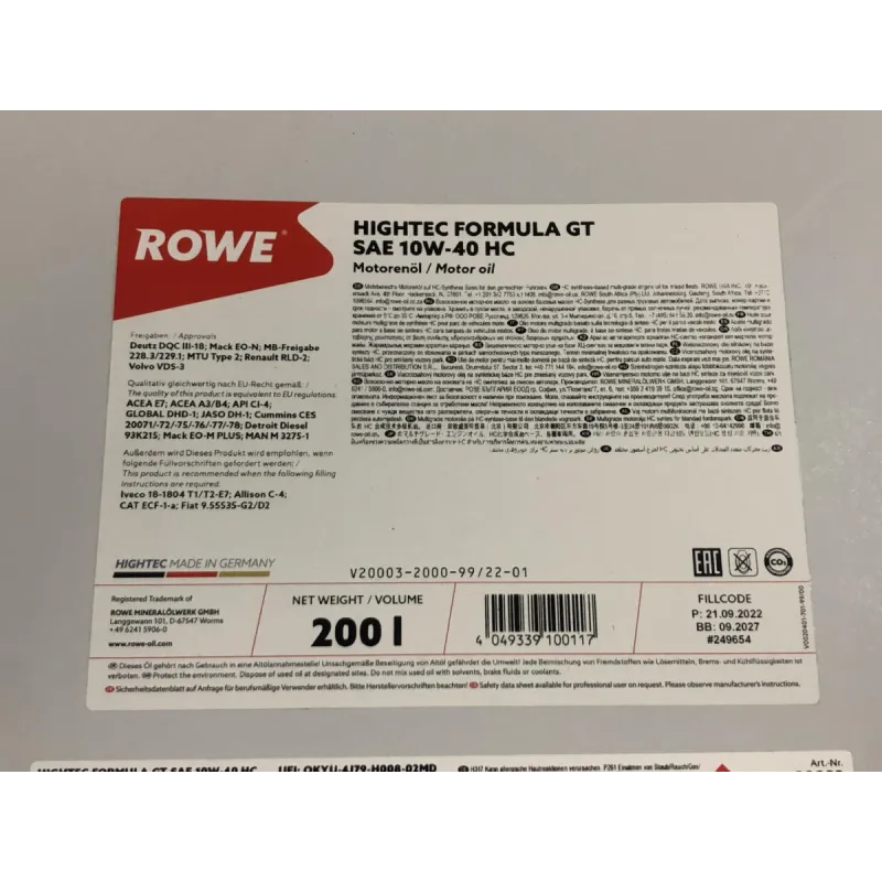 Моторна олива ROWE HIGHTEC FORMULA GT HC 10W40 (200L) 20003-2000-99 (ACEA E7/A3/B4, MB 228.3/229.1)