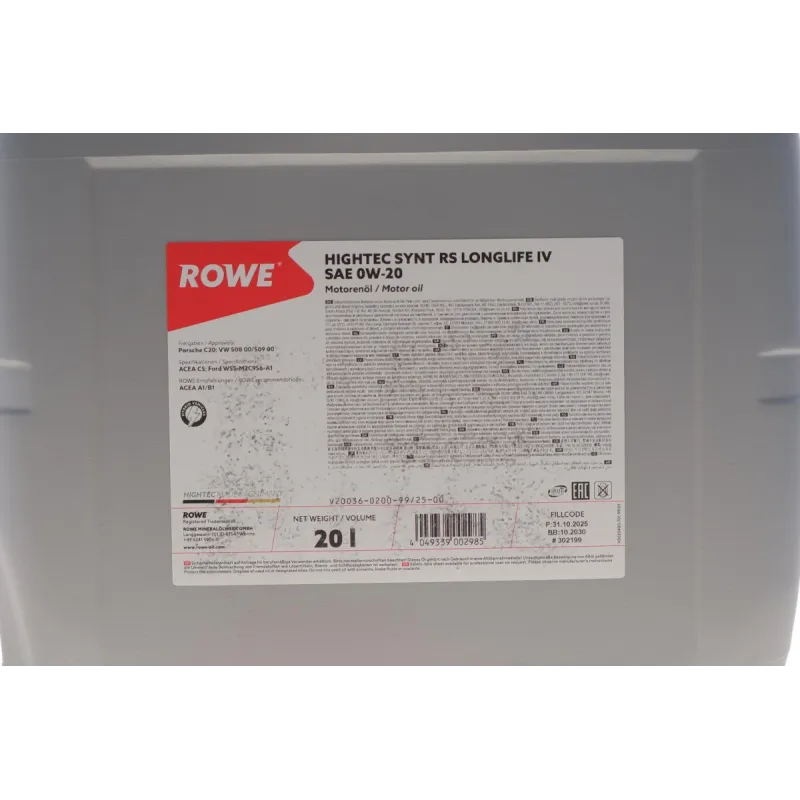 Моторна олива 0W20 HIGHTEC SYNTH RS LONGLIFE IV 20л ROWE 20036-0200-99 Porsche C20/VW 508 00/509 00