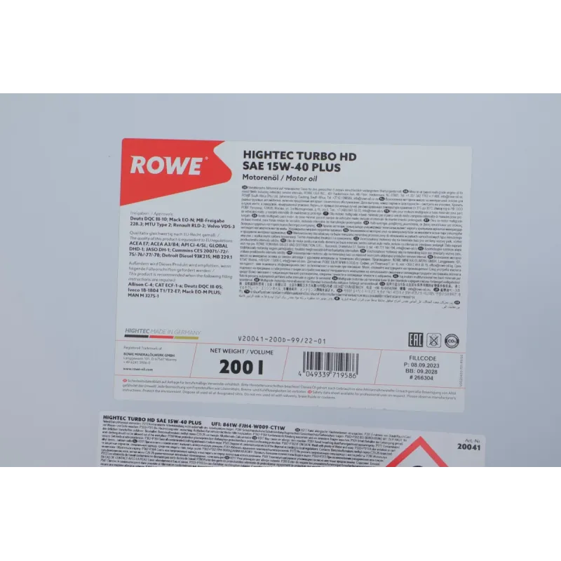 Моторна олива 15W40 HIGHTEC TURBO HD PLUS 200л ROWE 20041-200D-99 (MB 228.3/MAN M 3275-1/Renault RLD-2/Volvo VDS-3)