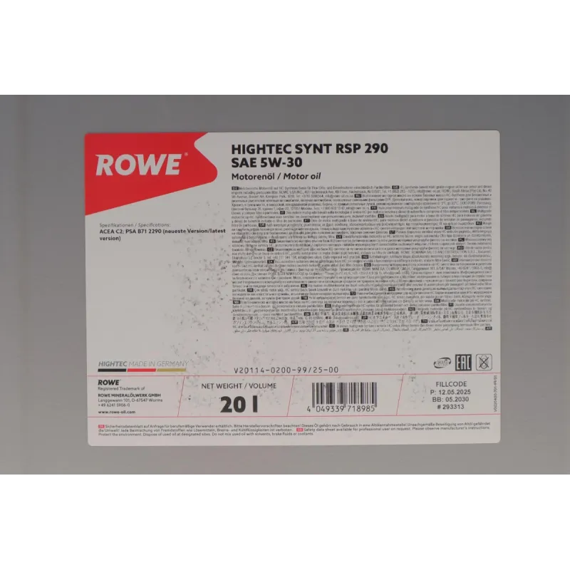 Моторна олива ROWE HIGHTEC SYNT RSP 290 5W-30 20л (20114-0200-99) PSA B71 2290 ACEA C2