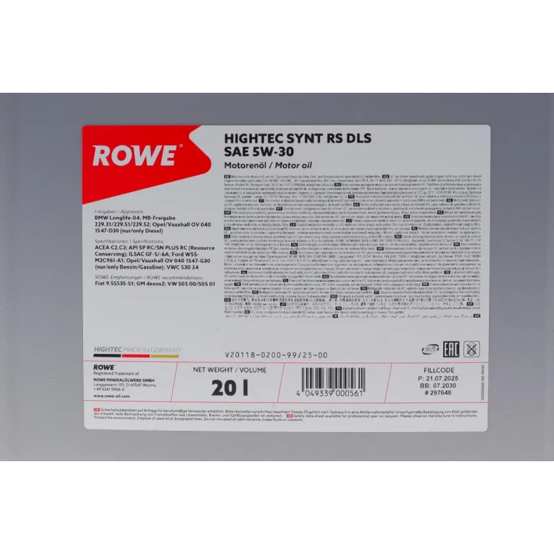 Моторна олива ROWE HIGHTEC SYNT RS DLS 5W30 20L (MB 229.31/229.51/229.52, BMW LL-04) ACEA C2/C3, API SN 20118-0200-99