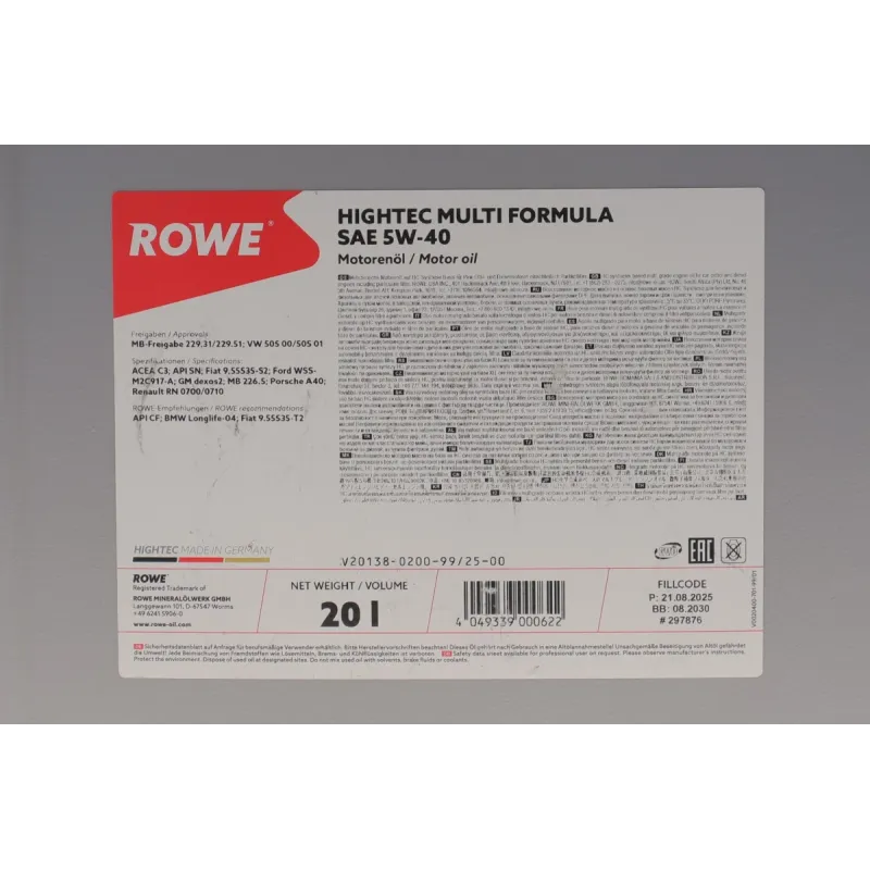 Моторна олива ROWE HIGHTEC MULTI FORMULA 5W40 20л (MB 229.31/229.51/226.5, VW 505 00/505 01, BMW LL-04) 20138-0200-99