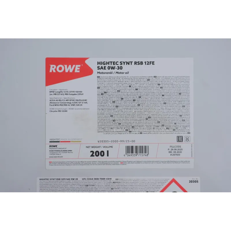 Олива 0W30 HIGHTEC SYNT RSB 12FE (200L) (BMW LL-12 FE/MB 227.61/229.61) (ACEA A5/B5,C2) (API SP RC)