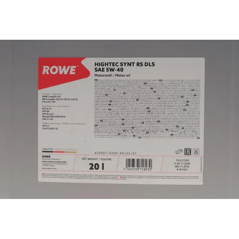 Моторна олива ROWE HIGHTEC SYNT RS DLS 5W40 20л (VW 511 00, MB 229.51/229.52, Porsche C40)