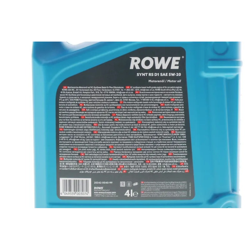 Моторна олива ROWE HIGHTEC SYNT RS D1 5W20 4л (WSS-M2C945-A/-B1/960-A1/MS6395/dexos1 Gen 2)(API SP RC/SN PLUS RC) 20342-0040-99