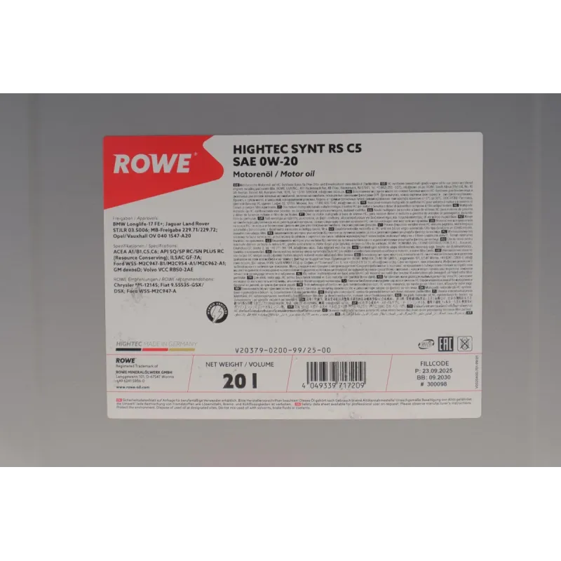 Моторна олива ROWE HIGHTEC SYNT RS C5 0W-20, 20 л (20379-0200-99)