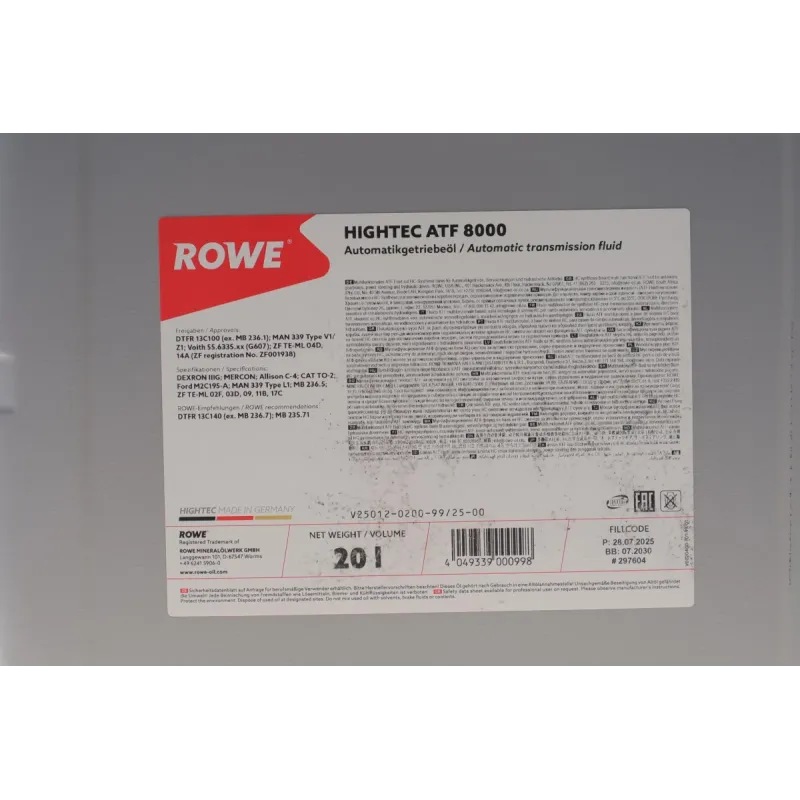 Олива для АКПП ROWE HIGHTEC ATF 8000 (20л) 25012-0200-99 (червона) Mercedes-Benz 235.71/236.7/236.5/236.1, DEXRON IIIG, Ford M2C195-A