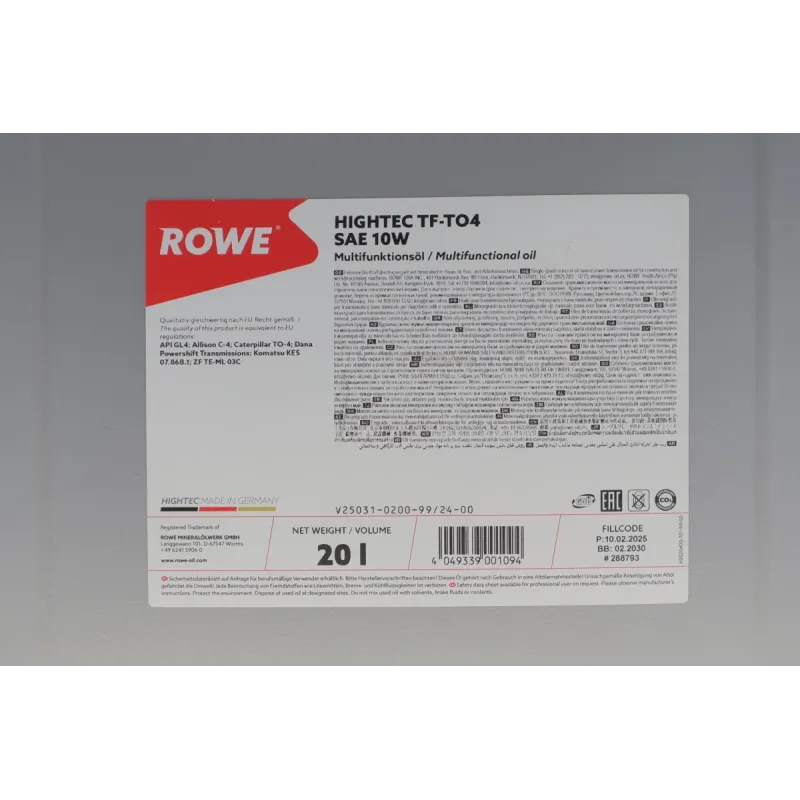 Трансмісійна олива ROWE TF-TO4 SAE 10W 20L (API GL4/ZF TE-ML 03C) 25031-0200-99