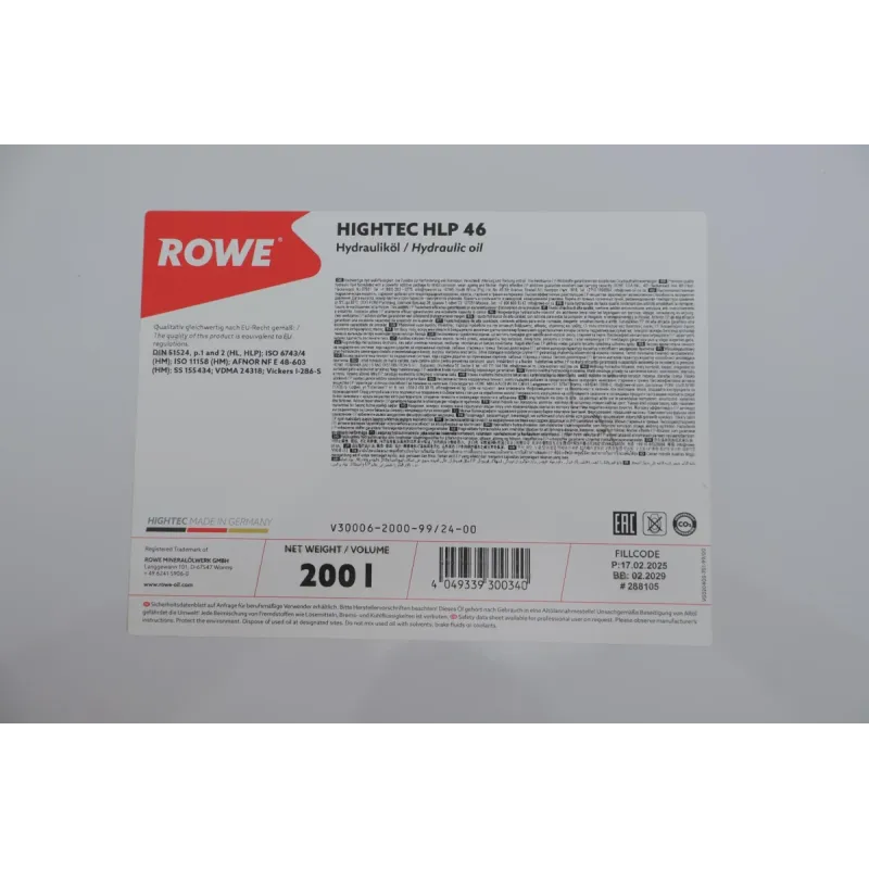 Рідина гідравлічна HIGHTEC HLP 46 (200L) мінеральна ROWE 30006-2000-99