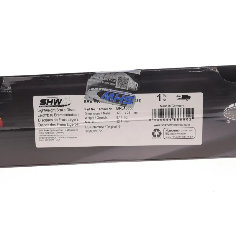 Диск гальмівний задній SHW PERFORMANCE BRL43853 для BMW M3 (G20/G80) 2020-, M4 (G22/G82) 2020- (370x24) (вентил.)