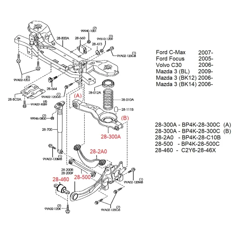 Комплект сайлентблоків задньої підвіски SOLGY 201254 для Ford Focus, Mazda 3, Volvo S40 1999-2010 (14 шт)